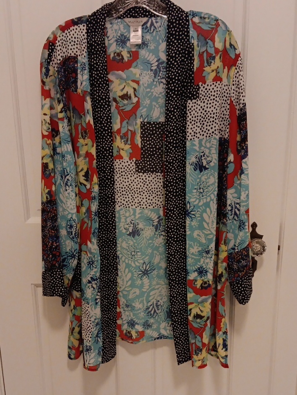Multiples 2X Patchwork Floral Teal Red Black Polka Dot Boho Kimono